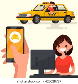 Order a taxi through the app on your phone. Vector illustration of a flat design