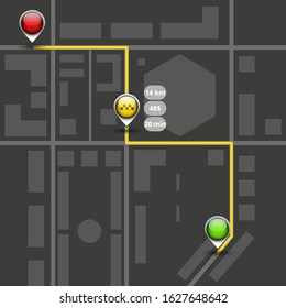Order taxi using service, dark map mockup of route the city two red and green location pins and control taxi marker