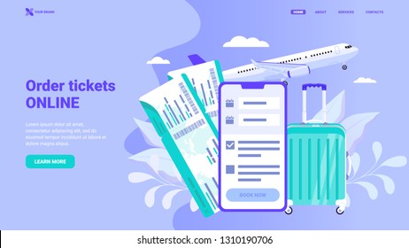 Order tickets online landing page design concept. Boarding pass, phone with application, luggage and plane with floral elements flat vector illustration. 