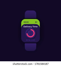 Order tracker smartwatch interface vector template. Mobile app notification night mode design. Remaining time reminder message screen. Flat UI for application. Timer on smart watch display