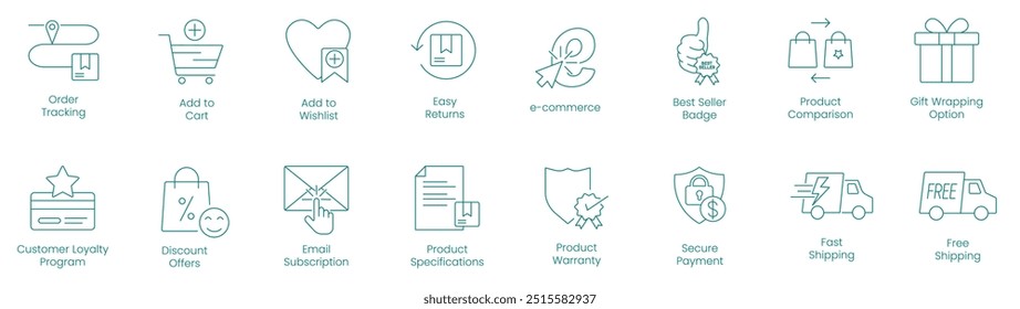 Order Tracking, Add to Cart, Add to Wishlist, Easy Returns, E-Commerce, Best Seller Badge, Product Comparison, Gift Wrapping Option, Customer Loyalty Program, Discount Offers vector icon set