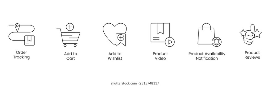 Controle de Pedidos, Adicionar ao Carrinho, Adicionar à Lista de Desejos, Vídeo do Produto, Notificação de Disponibilidade do Produto, Análises do Produto - Conjunto de Ícones Vetoriais