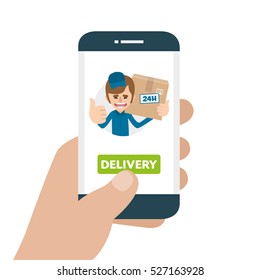 Order tracking app on smartphone screen. Package tracking. Hand holding smartphone, finger touch screen. Vector illustration