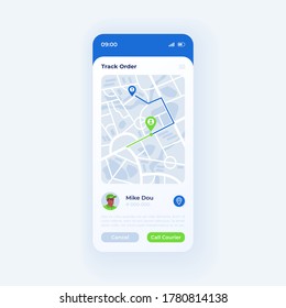 Solicitud de aplicación de seguimiento de la plantilla de vector de interfaz de smartphone. Diseño de temas ligeros de la página de la aplicación móvil. Pantalla de monitoreo de ruta de entrega. IU plana para la aplicación. Cancelar y llamar a las opciones en la pantalla del teléfono
