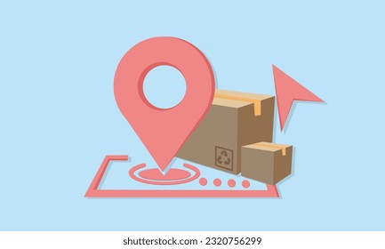 Order tracking with cardboard boxes and location pin. Express delivery concept. Track parcel. Fast shipping service.