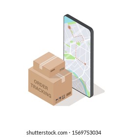 Order tracking concept. 3d box and mobile phone screen with map. Isolated isometric vector illustration.