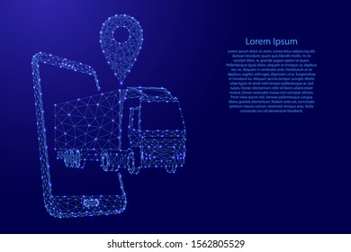 Order tracking, concept mobile phone, truck and geotag from futuristic polygonal blue lines and glowing stars for banner, poster, greeting card. Vector illustration.