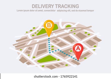 Order tracking. Delivery, transportation parcel. Map with pin, pointer. Shipping of package. Vector cartoon design