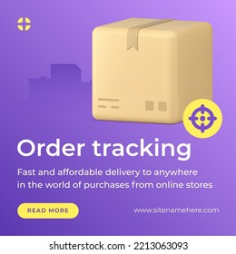 Order tracking digital service postal parcel GPS navigation social media post 3d icon vector illustration. Online searching sending received cardboard box package logistic distribution technology