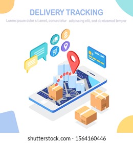 Order tracking. Isometric 3d mobile phone with delivery service app. Shipping of box, package, cargo transportation. Vector cartoon design