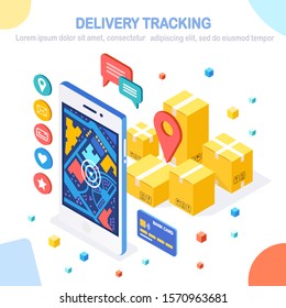 Order tracking. Isometric 3d mobile phone with delivery service app. Shipping of box, package, cargo transportation. Vector cartoon design