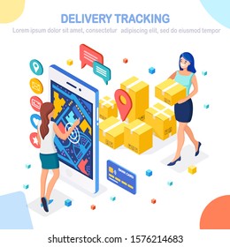 Order tracking. Isometric 3d mobile phone with delivery service app and woman. Shipping of box with pin, pointer, package, cargo transportation. Vector cartoon design 