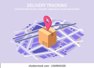 Order tracking. Isometric 3d parcel with pin, pointer on map. Shipping of box, package, cargo transportation. Vector cartoon design