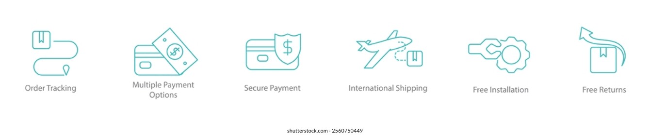 Order Tracking, Multiple Payment Options, Secure Payment, International Shipping, Free Installation, Free Returns Icon Set