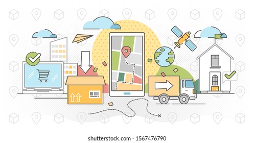 Order tracking outline concept vector illustration. Logistics distribution live location service. Global courier process search and express shipment business delivery. Mobile app screen status update.