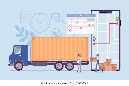 Order tracking system on smartphone screen. Track journey shipping tracker to customer or warehouse, goods pick up, delivery and fulfillment process app service. Vector flat style cartoon illustration