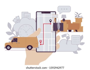 Order tracking system on smartphone screen. Van journey shipping tracker to a customer or warehouse, goods pick up, delivery and fulfillment process app service. Vector illustration