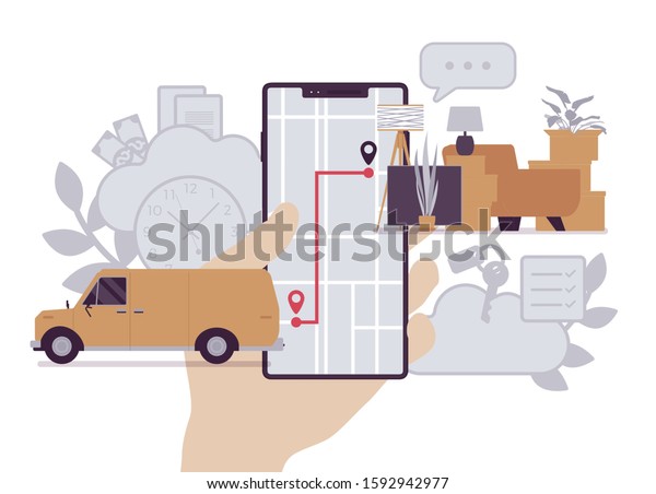 Order tracking\
system on smartphone screen. Van journey shipping tracker to a\
customer or warehouse, goods pick up, delivery and fulfillment\
process app service. Vector\
illustration