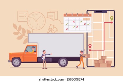 Order tracking system, smartphone screen. Large track journey shipping tracker to customer, warehouse, goods pick up, delivery, fulfillment process app service. Vector flat style cartoon illustration