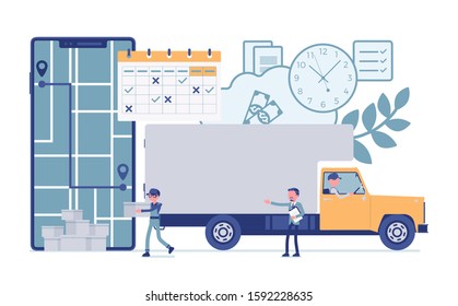 Order tracking system, smartphone screen. Large track journey shipping tracker to customer, warehouse, goods pick up, delivery, fulfillment process app service. Vector illustration, faceless character