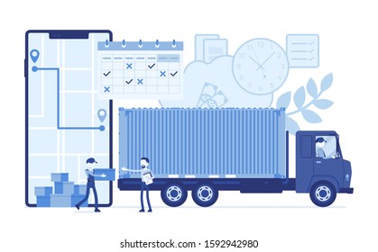 Order tracking system, smartphone screen. Track journey shipping tracker to customer, warehouse, goods pick up, delivery, fulfillment process app service. Vector illustration with faceless characters