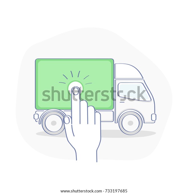 Order\
Transportation Truck, Package Delivery, Shipment. Hand presses on\
the machine as a button. Logistics illustration vector concept on\
white background. Flat outline icon\
design.