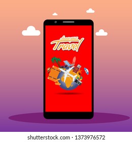 Order travel or vacation ticket concept online with smartphone screen. Vector illustration.
