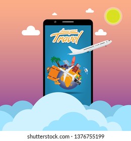 Order travel or vacation ticket concept online with smartphone screen. Vector illustration.