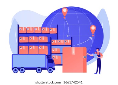 Order worldwide delivery service. Storehouse products storage. Transit warehouse, bonded warehouse, transferring process of goods concept. Pinkish coral bluevector isolated illustration