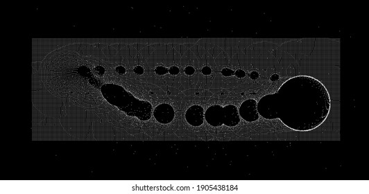 Ordered array of particles, surface made of dots. Conceptual illustration of fluid matter with oscillation and fluctuation. Generative computer art.
