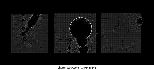 Ordered array of particles, surface made of dots. Conceptual illustration of fluid matter with oscillation and fluctuation. Generative computer art.