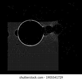 Ordered array of particles, surface made of dots. Conceptual illustration of fluid matter with oscillation and fluctuation. Generative computer art.