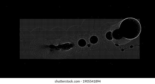 Ordered array of particles, surface made of dots. Conceptual illustration of fluid matter with oscillation and fluctuation. Generative computer art.