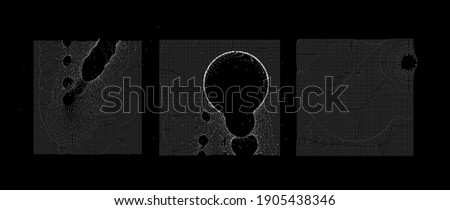 Ordered array of particles, surface made of dots. Conceptual illustration of fluid matter with oscillation and fluctuation. Generative computer art.