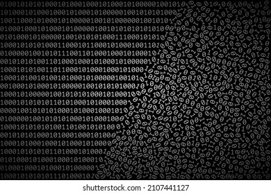 Ordered binary code is turned into chaotic heap of 1 and 0 digits. Concept of software error, fault in computer program, computer virus, corrupted code, data loss