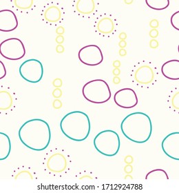 Caos ordenado, círculos brillantes y divertidos y puntos sobre fondo blanco repiten sin problemas el diseño de la superficie vectorial vectorial
