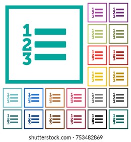Ordered list flat color icons with quadrant frames on white background