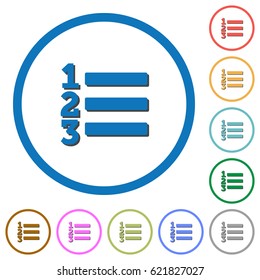 Ordered list flat color vector icons with shadows in round outlines on white background
