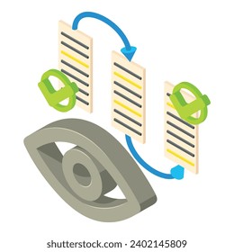 Ordered record icon isometric vector. Web page, transition arrow, checkmark, eye. Blockchain technology, cryptocurrency concept