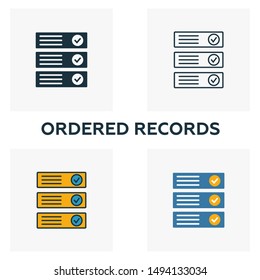 Ordered Records icon set. Four elements in diferent styles from crypto currency icons collection. Creative ordered records icons filled, outline, colored and flat symbols.