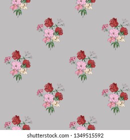 Ordered seamless floral pattern with roses and lilies. Vector drawing.