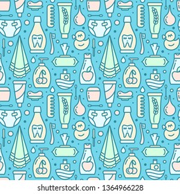 Ordered seamless pattern with baby hygiene accessories. Suitable for wallpaper, wrapping or textile