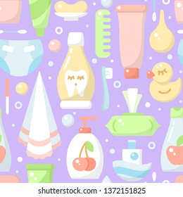 Ordered seamless pattern with baby hygiene elements in flat style