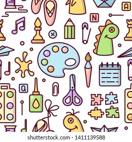 Ordered seamless pattern with elements for kids creative activity in cartoon style