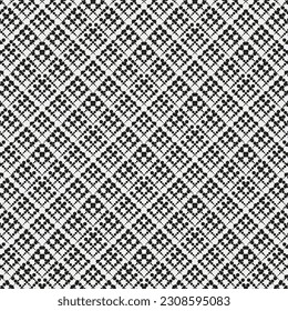Ordered structure of different-sized black circles and dots on white background. Repeating geometric pattern with many round shapes. Various sequences of round elements inclined at angle of 45 degrees