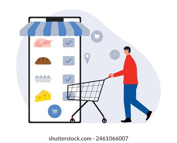 Ordering basic necessities via online supermarket application, vector illustration.