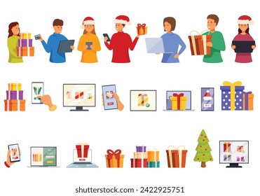 Ordering Christmas gifts online icons set cartoon vector. Home shopping. Present box
