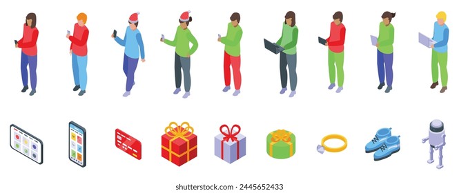 Ordering Christmas gifts online icons set isometric vector. Santa shopping. Present box
