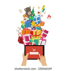Ordering christmas gifts online - christmas gifts and objects flying into tablet - modern technology and christmas illustration in flat design style on white background 