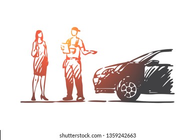 Ordering, delivery, car, service, man concept. Hand drawn man from delivery service and female customer concept sketch. Isolated vector illustration.